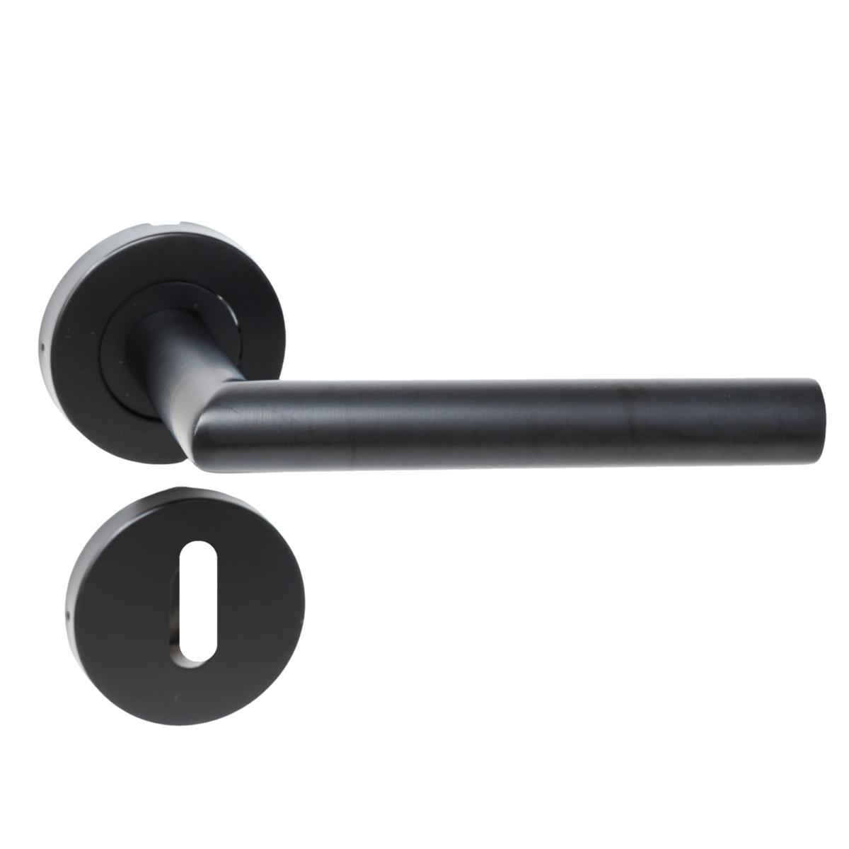 Matt black tubular lever handle and round rose, close-up detail