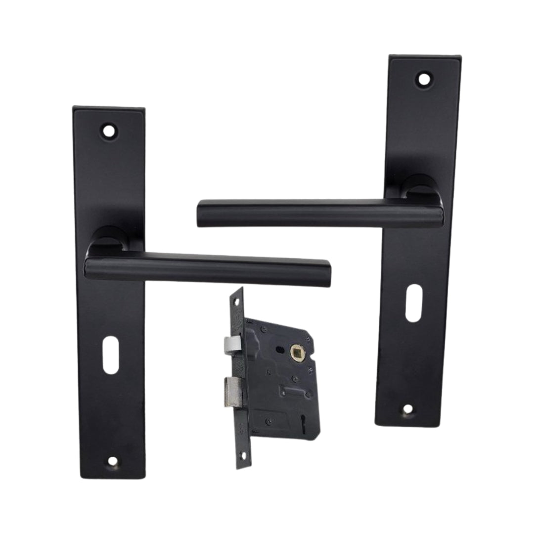 Modern Matt Black Door Handle on Plate with SABS Approved Two Lever Lock