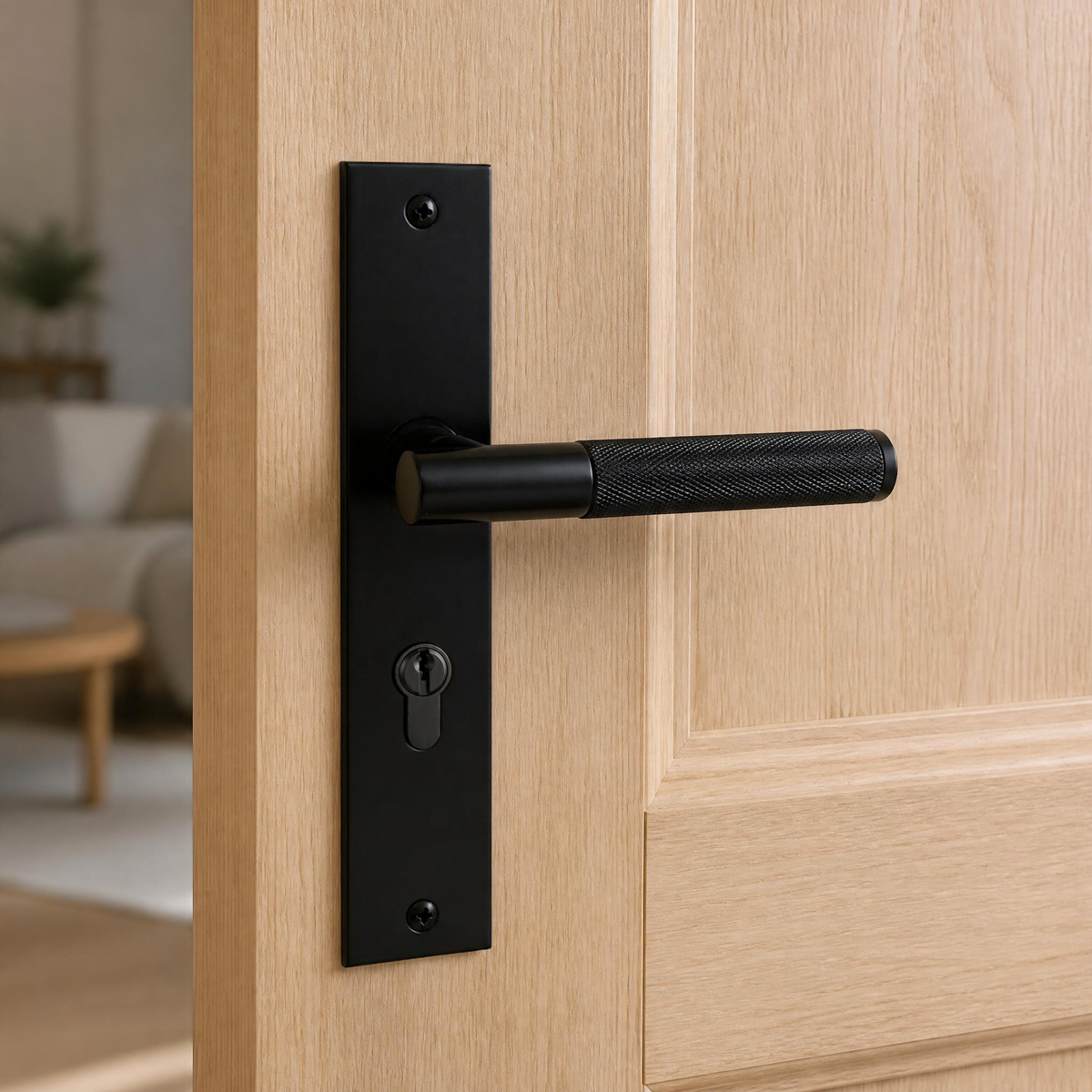 Knurled contemporary door handle on plate 60mm CC