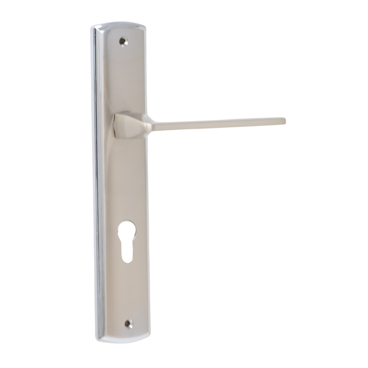 Brushed Chrome Lever Handle on Backplate - 85mm - Cylinder cutout