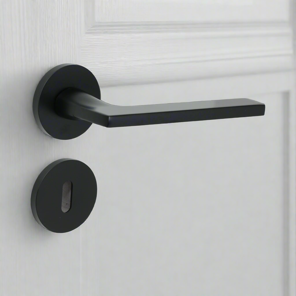Modern Lever Door Handle on Round Rose - Matt Black door handle on rose