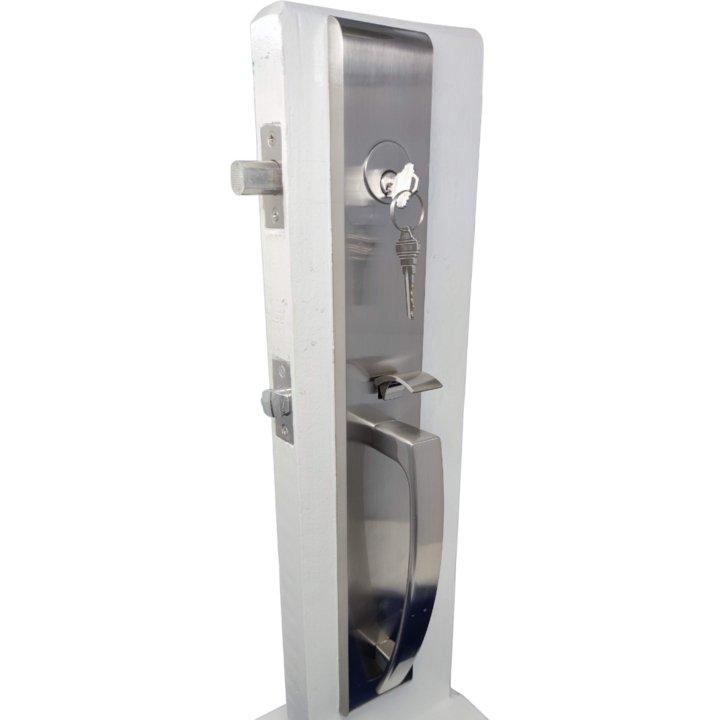 Modern Grip handle with latch and deadbolt Satin Nickel