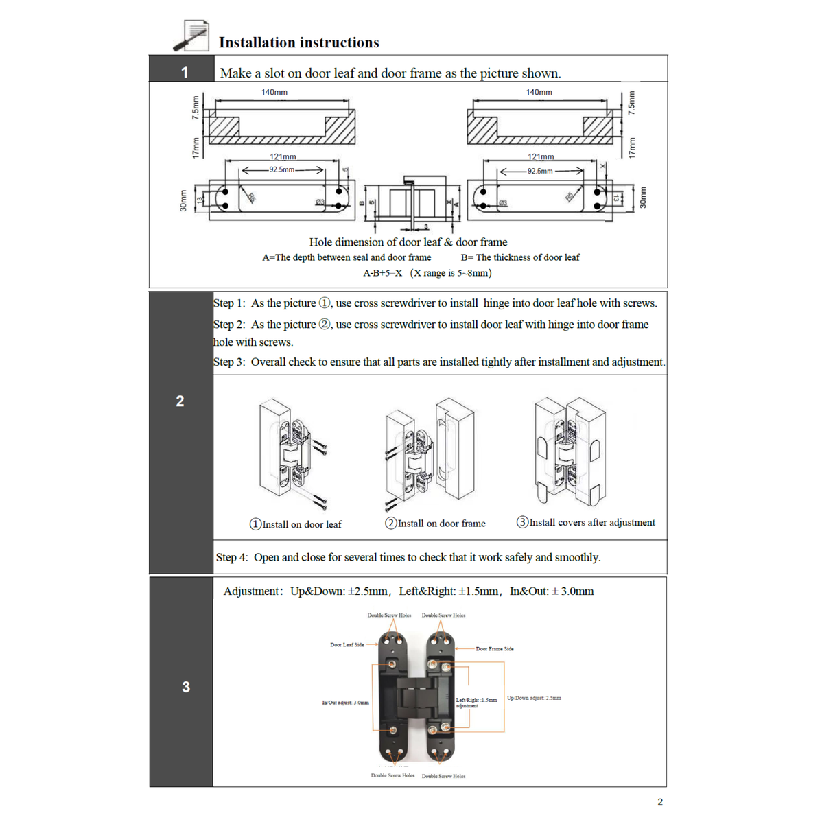 3D concealed door hinge 30x140mm (60kg/pair)- silver/grey