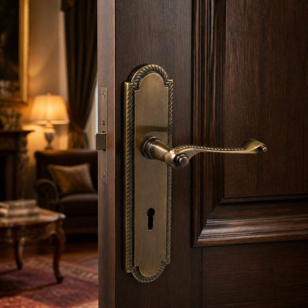 Solid brass door handle with back plate antique brass