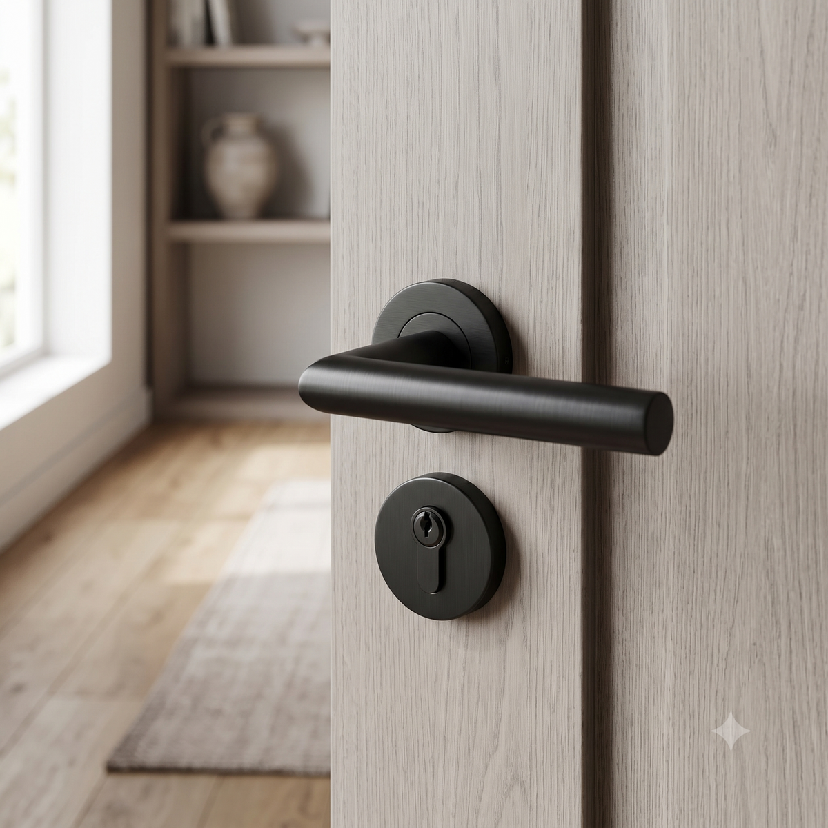 Matt black tubular lever handle on round rose, styled product shot