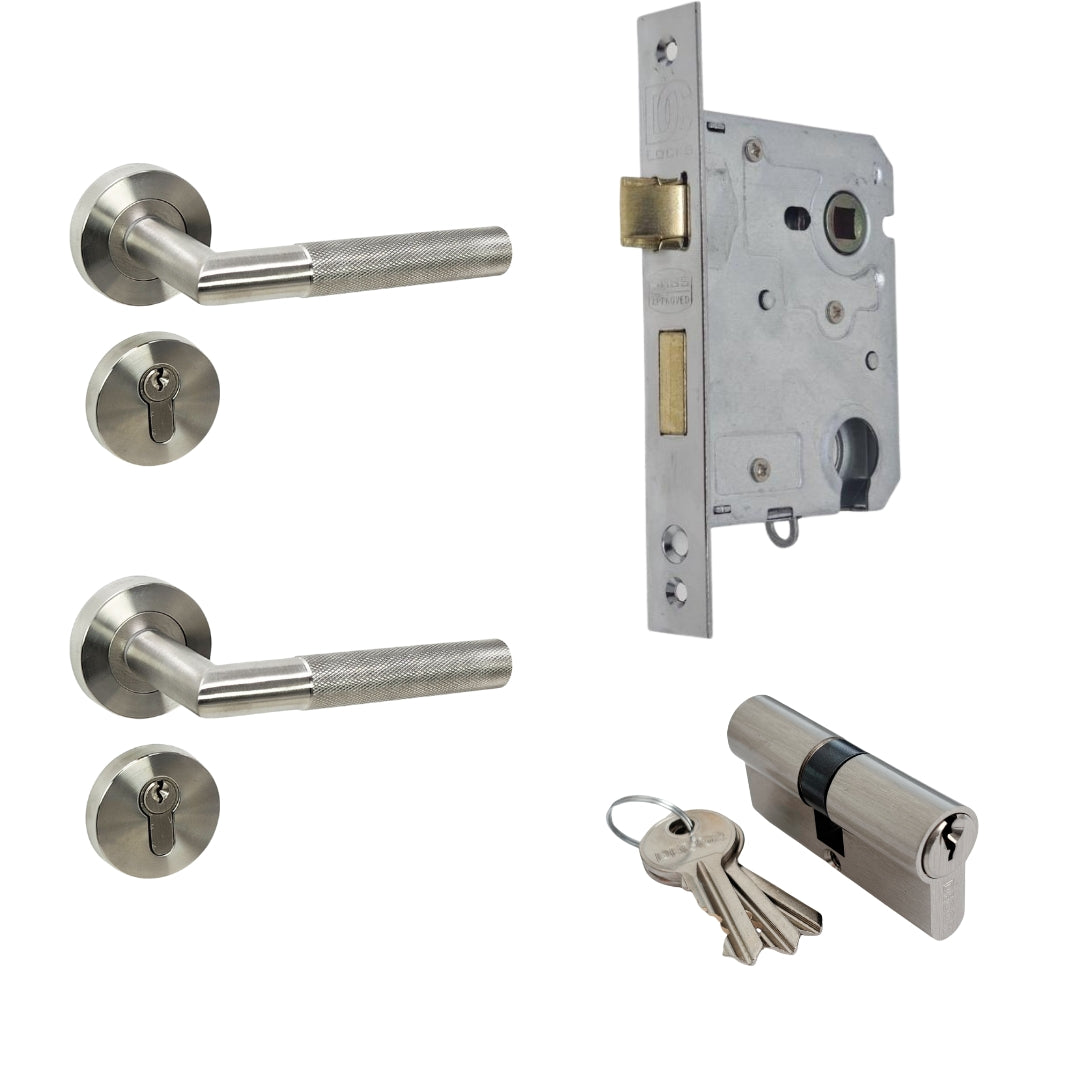 Brushed Stainless Steel Knurled Door Handle on Rose with Cylinder Lock and Cylinder