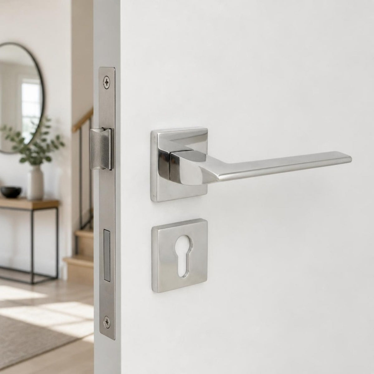 Slim square solid stainless steel lever handle on rose