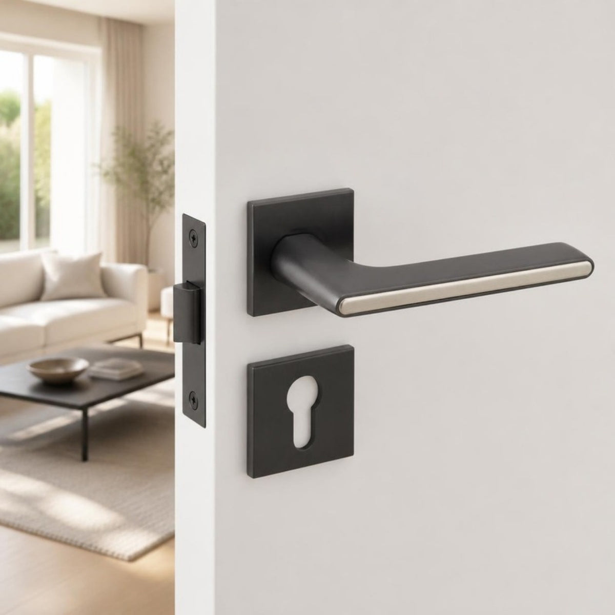Italian Lever Handle on Rose in Satin Black/Pearl