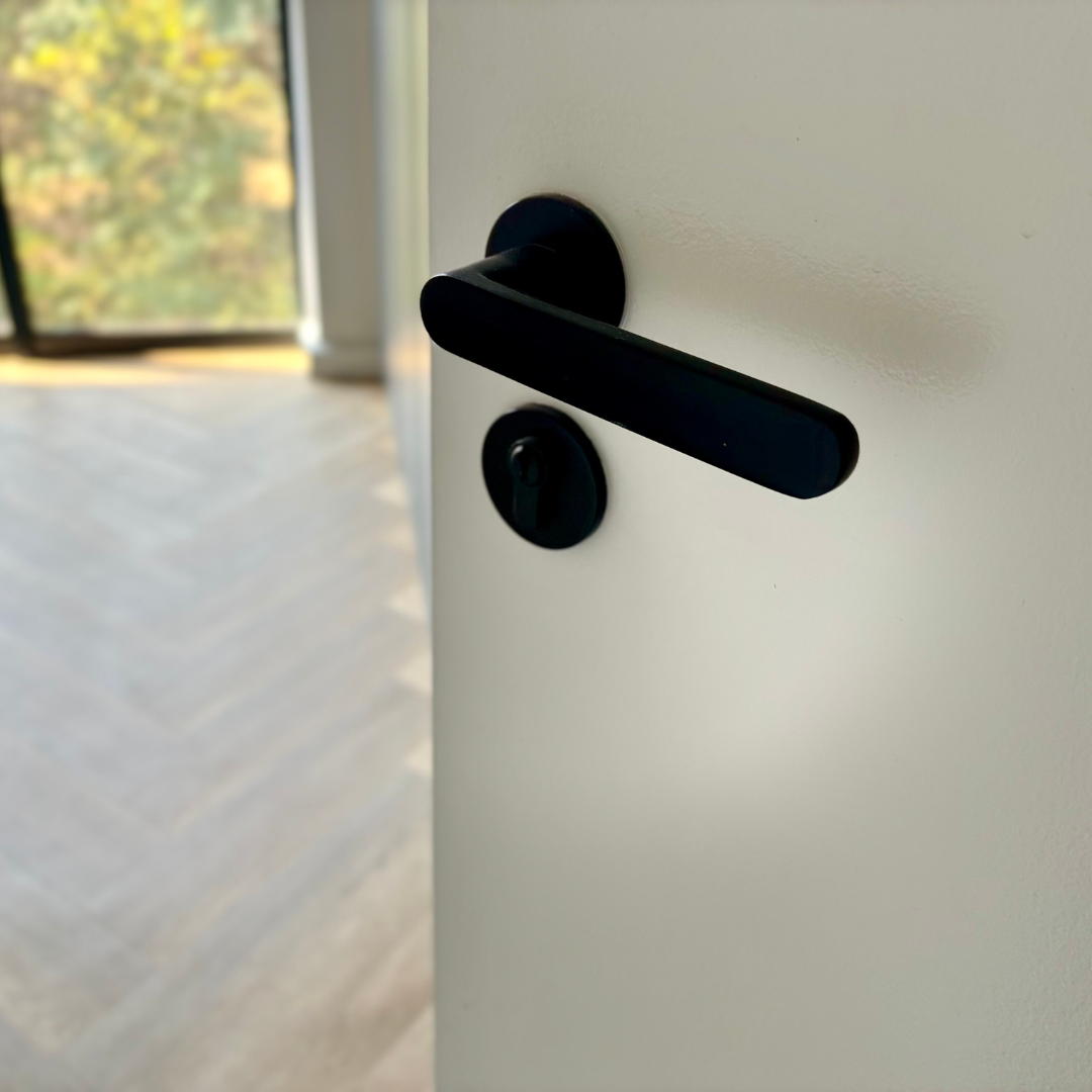 Matt black Modern Lever Handle on Round Rose door handle on rose