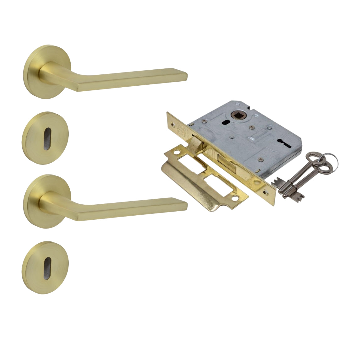 Modern Matt Brass Door Handle on Rose with Two Lever Mortice Lock