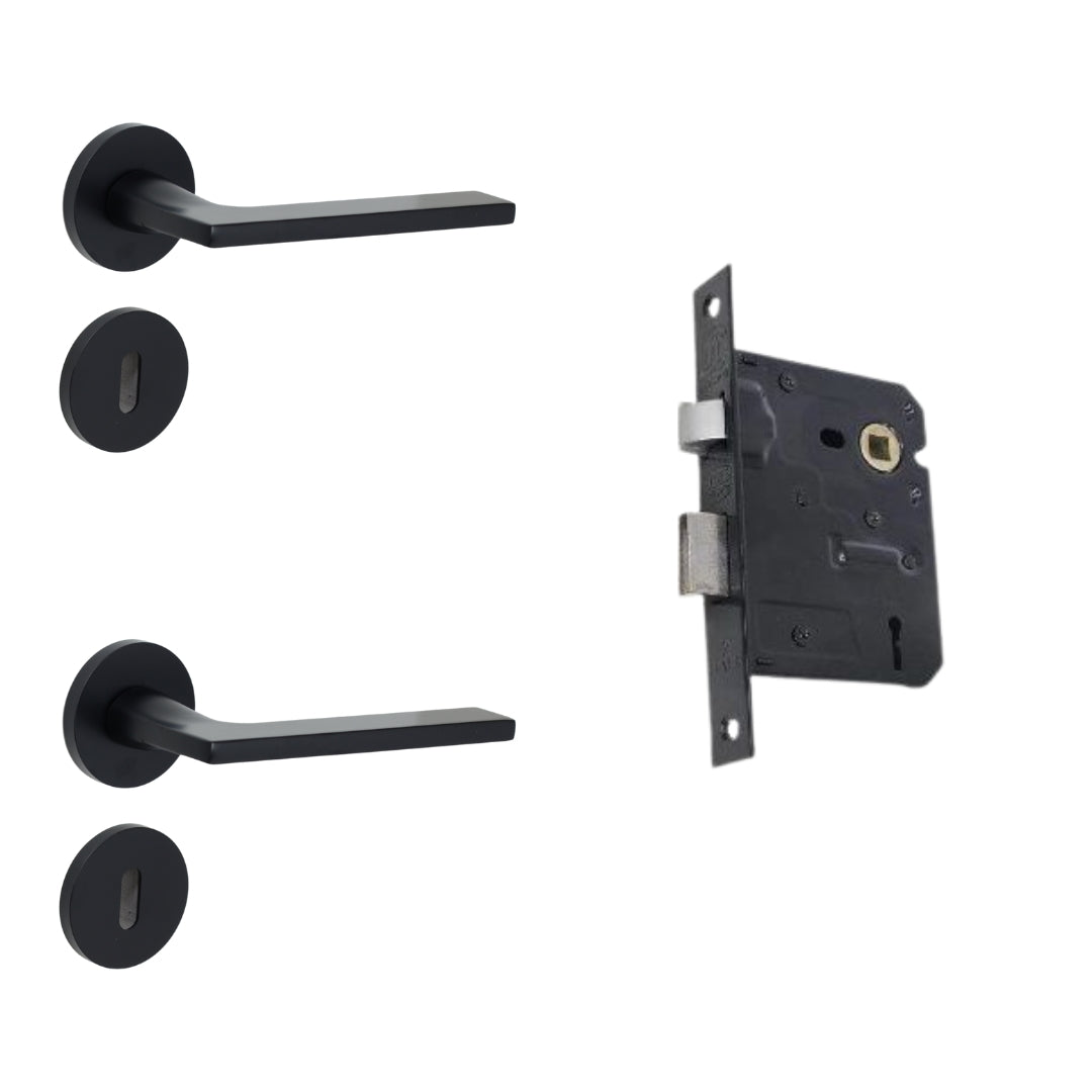 Modern Matt Black Door Handle on Rose with Two Lever Mortice Lock