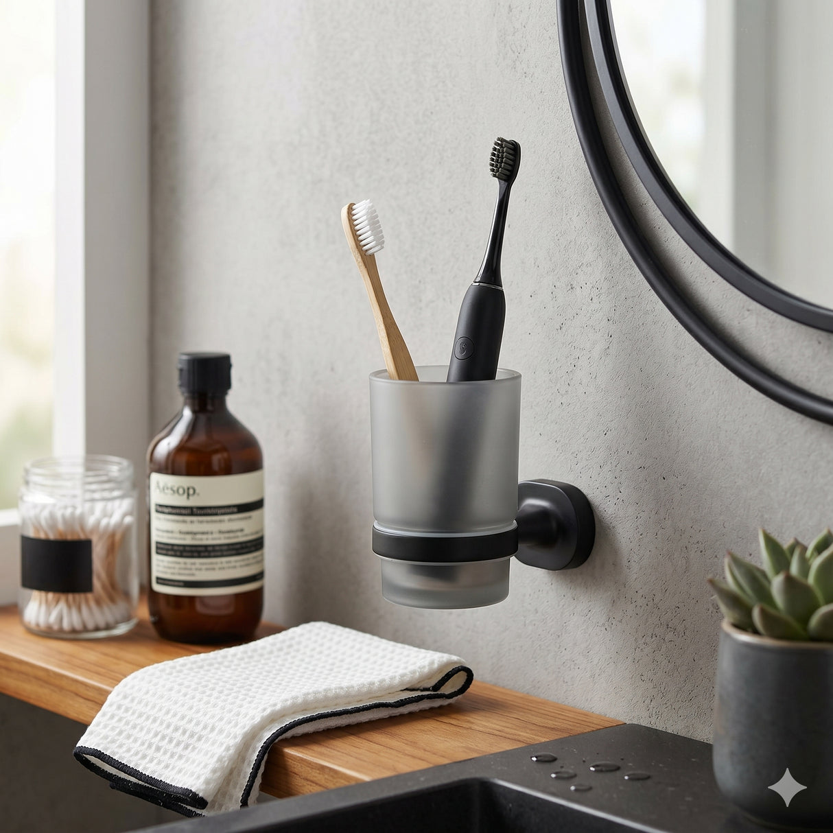 Toothbrush Tumbler in matt black with glass tumbler