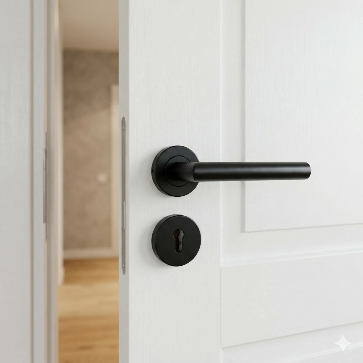 Matt black tubular lever handle on round rose, fitted to a white timber door ajar