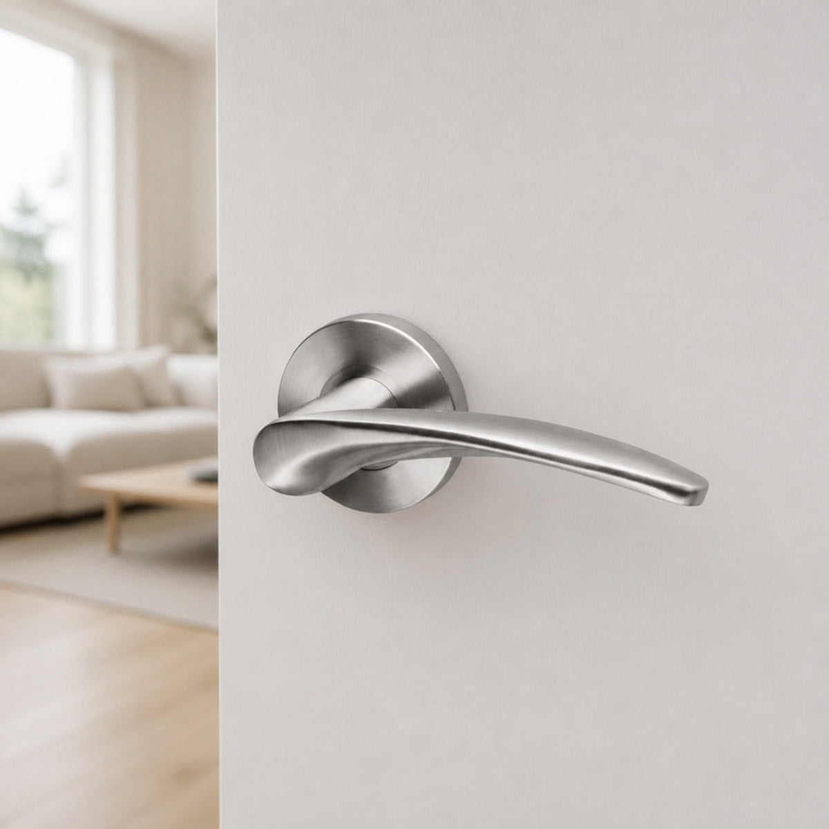 Curved Stainless Steel Lever Handle on Rose