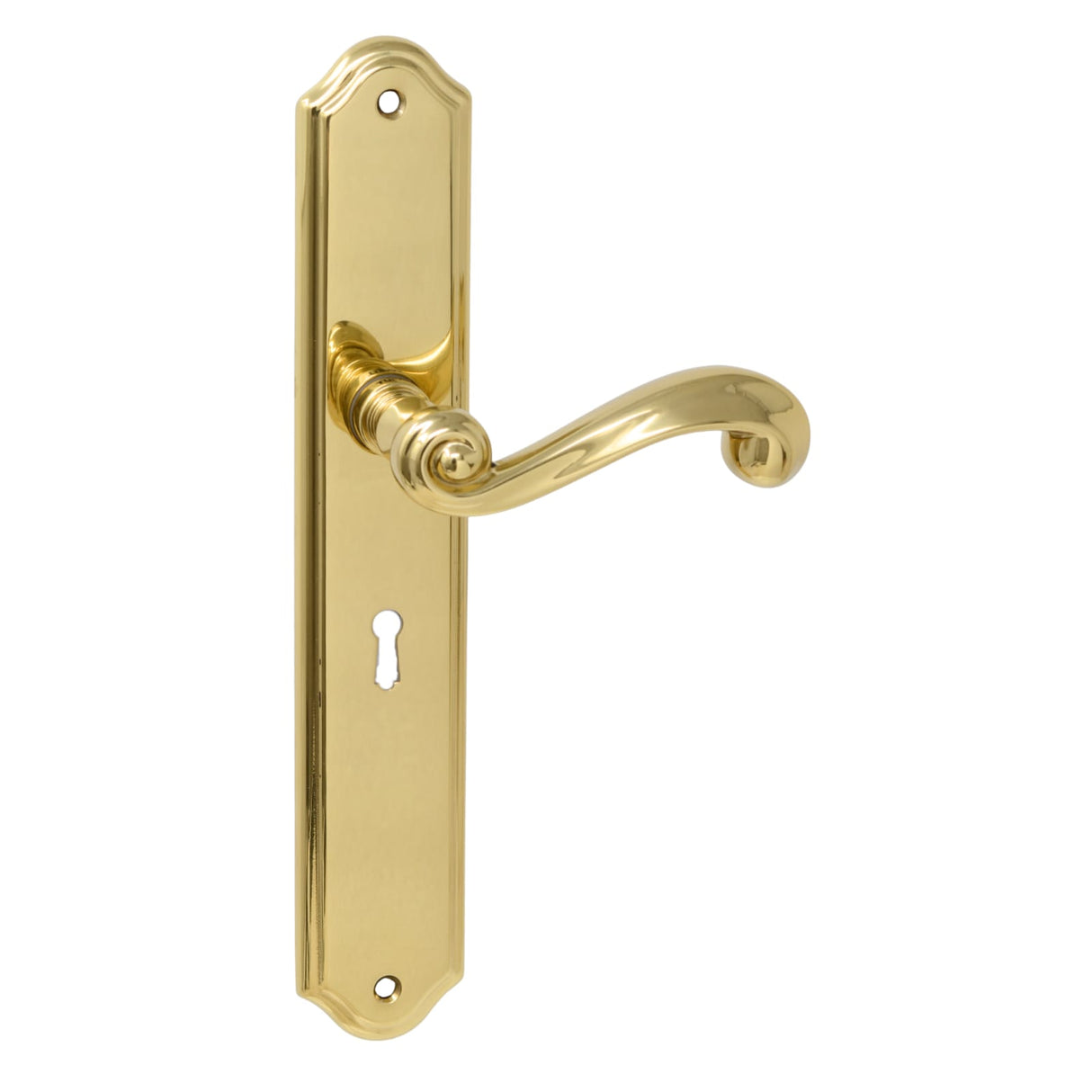Scroll Lever handle on Plate polished brass key hole