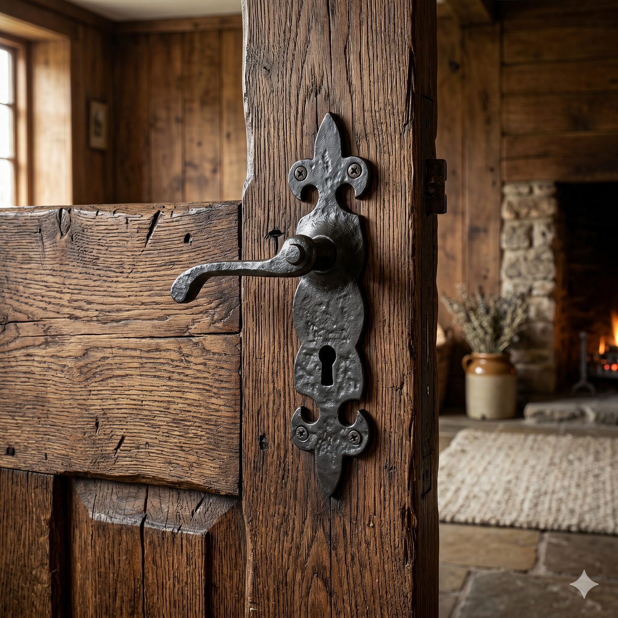 Rustic wrought iron door handle on back plate