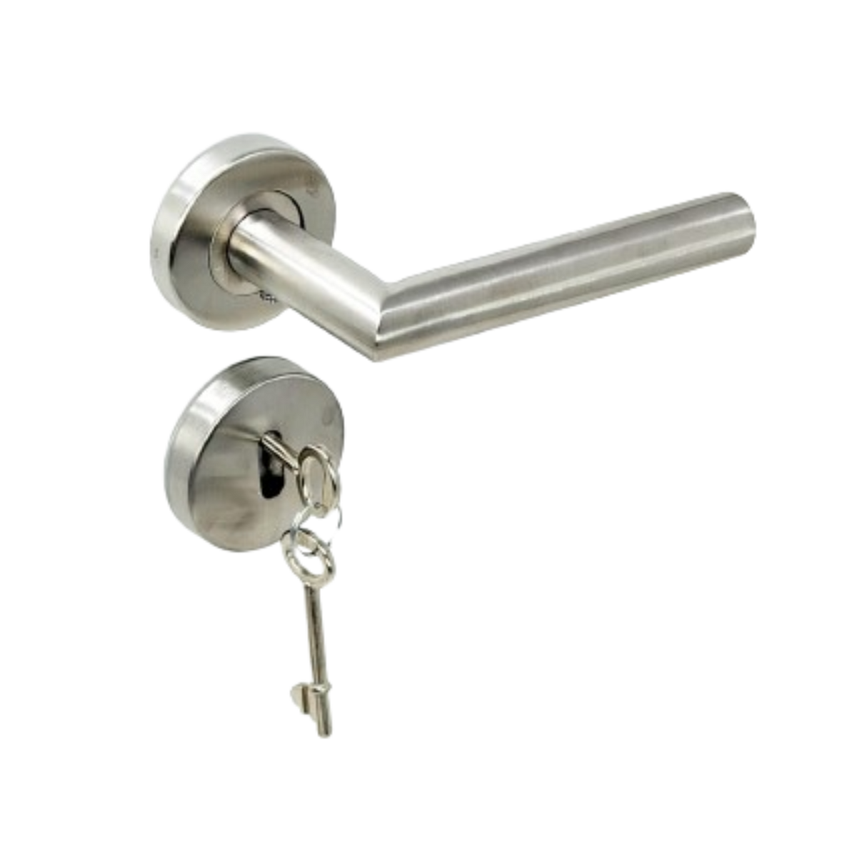 Brushed stainless steel tubular lever handle on round rose, front view