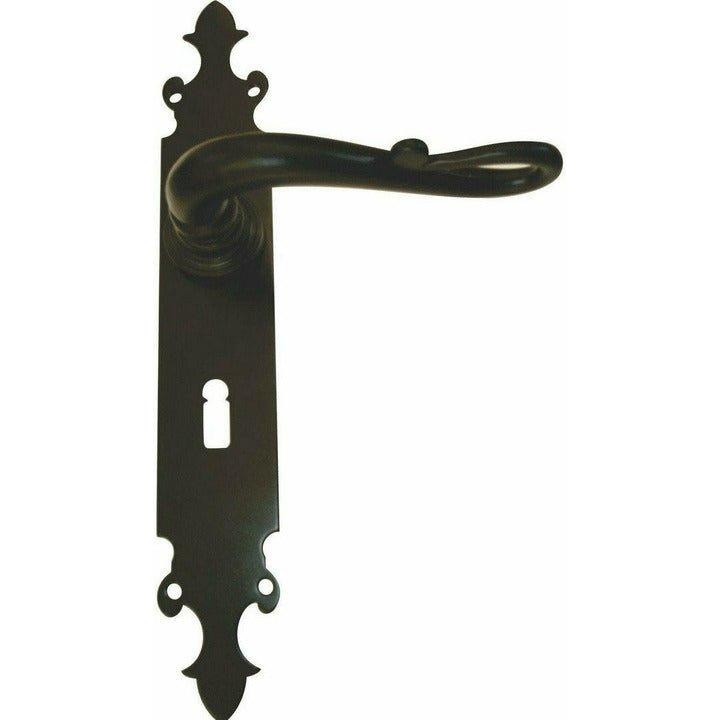 Wrought iron lever handle on plate