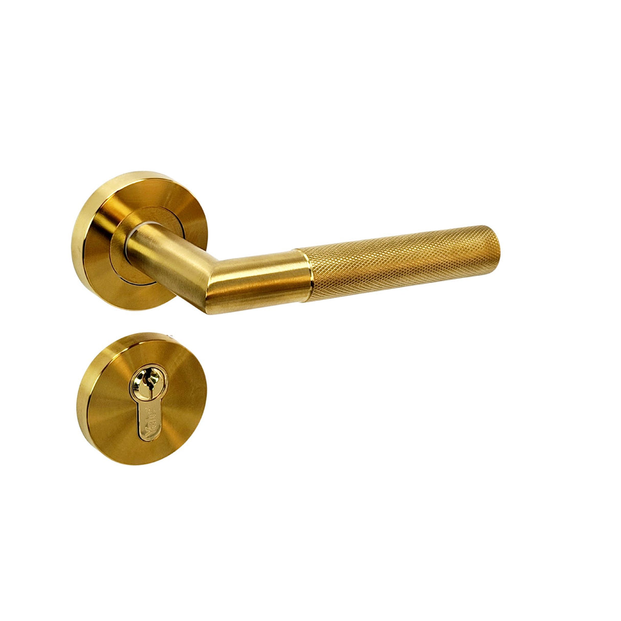 Modern knurled door handle on rose in matt brass