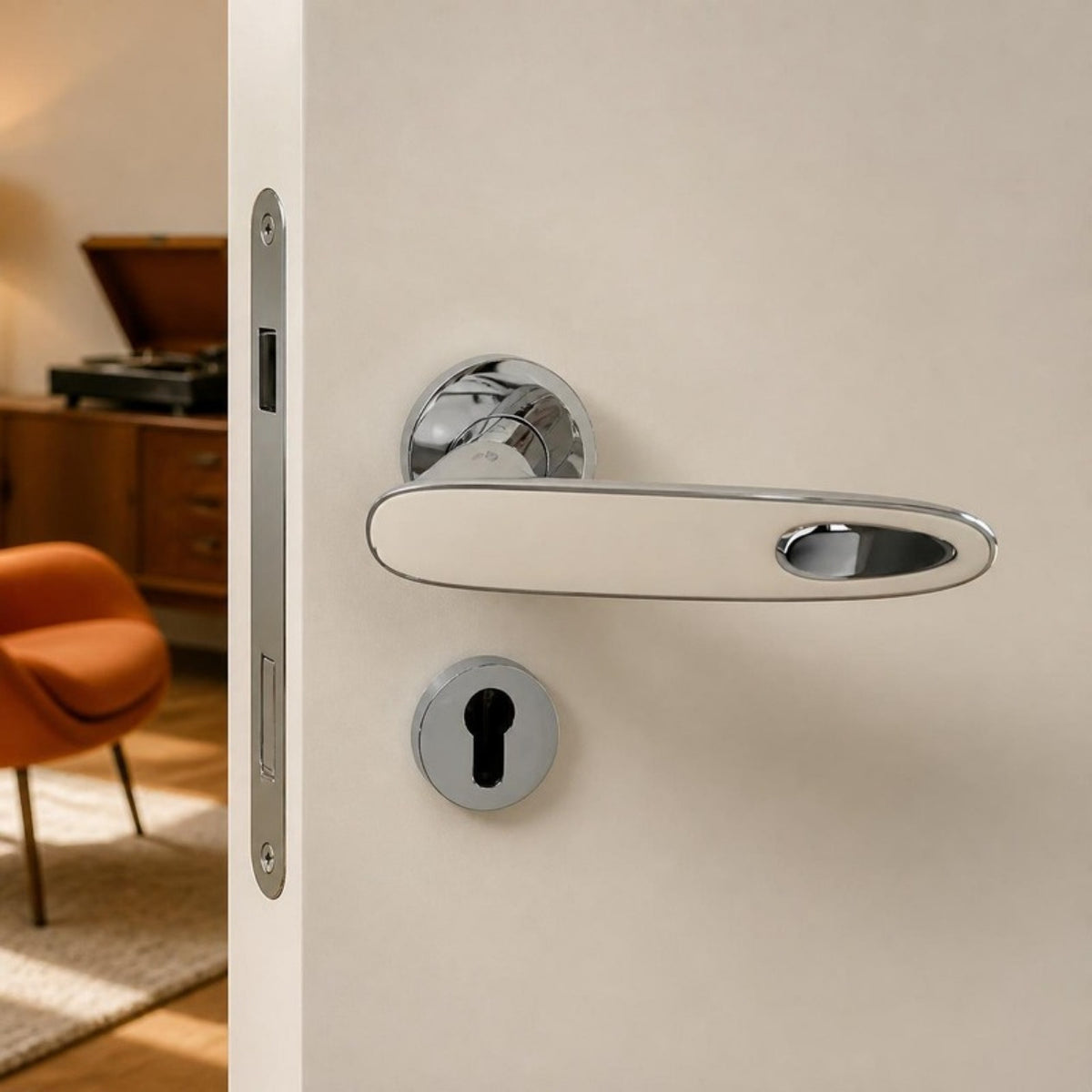 Retro styled chrome and white lever handle on rose