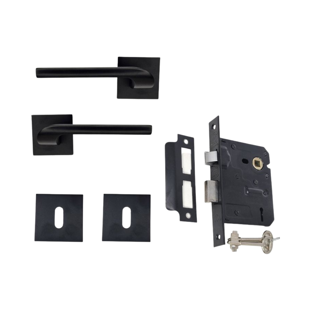 Modern Matt Black Door Handle on Square Rose with Two Lever Mortice Lock