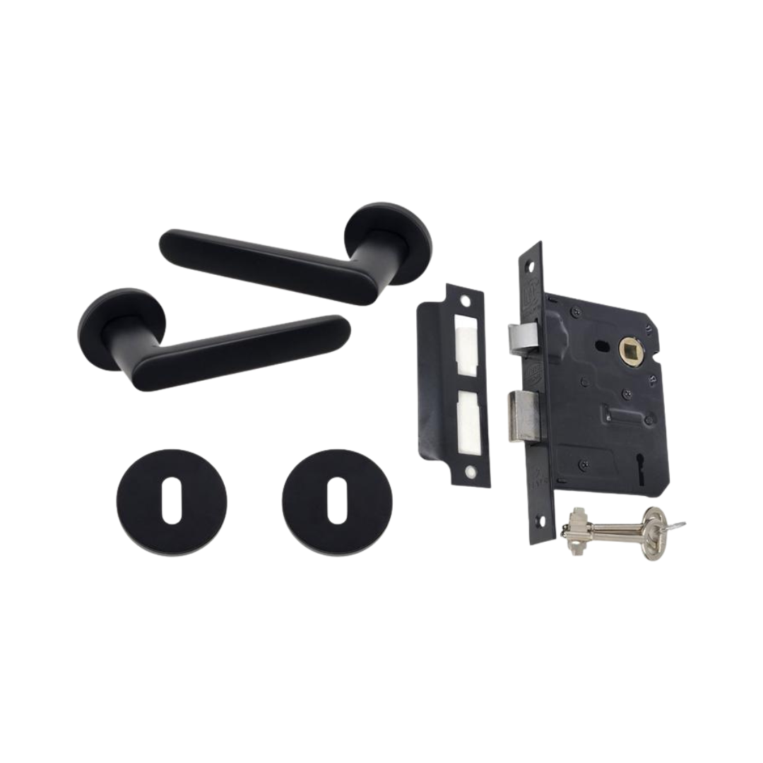 Modern Matt Black Door Handle on Round Rose with Two Lever Mortice Lock