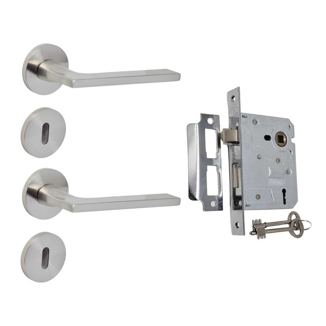 Modern Satin Chrome Door Handle on Round Rose with Two Lever Mortice Lock