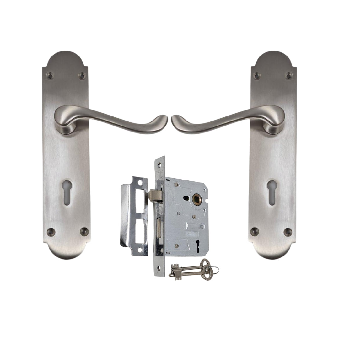 Classic Victorian Door Handle on Plate with SABS Approved Two Lever Lock - Satin Nickel