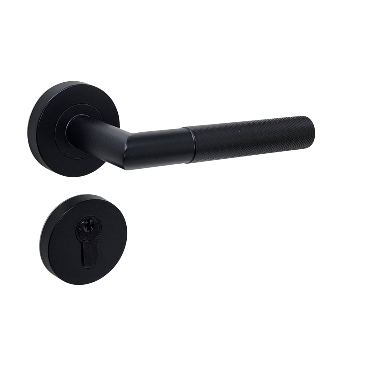 Matt Black Knurled Door Handle Bundle with Cylinder Lock and Cylinder