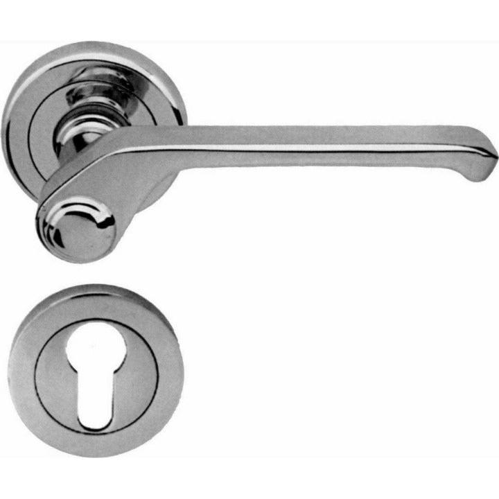 Shiny chrome designer door handle on rose