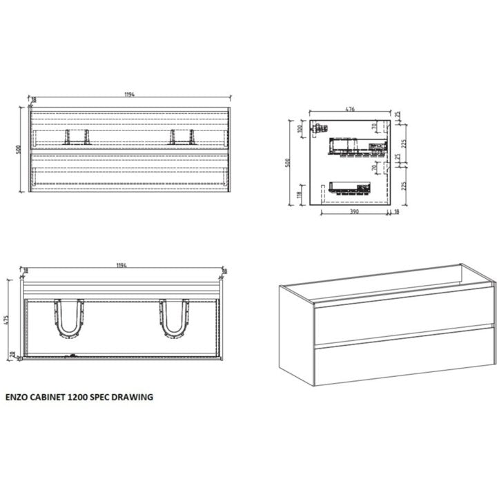 Enzo Double Vanity Cabinet 1200 Concrete with Basin - Decor Handles