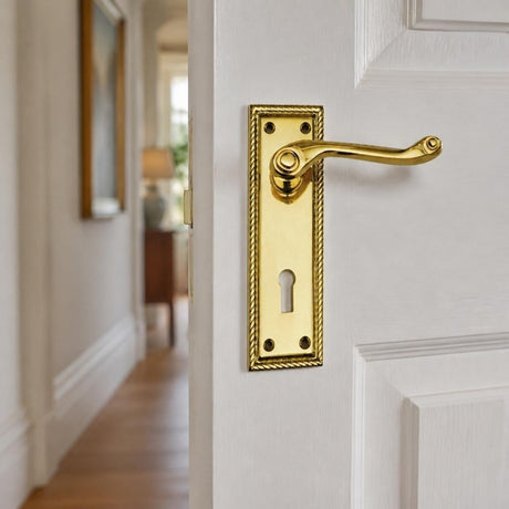 Brass Georgian lever handle on back plate on a white hallway door