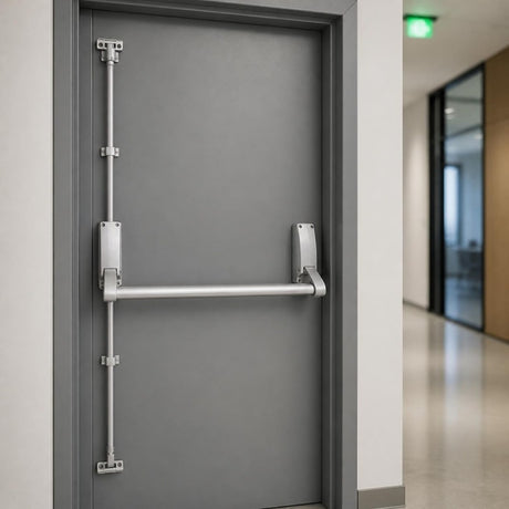 Emergency exit push bar with vertical bolts on a grey fire exit door