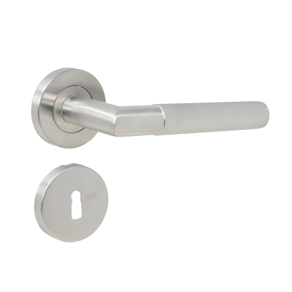 Knurled lever handle on rose brushed stainless
