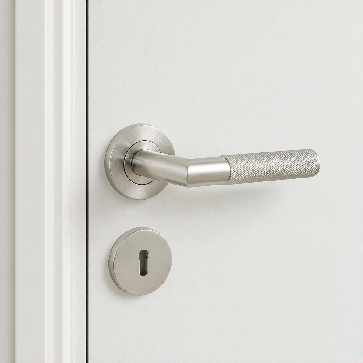 Knurled lever handle on rose brushed stainless