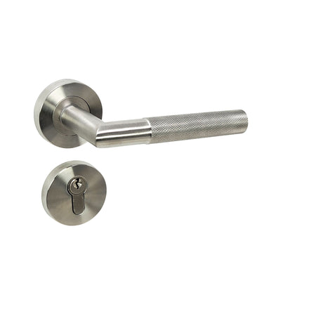 Knurled door handle on rose in brushed stainless steel