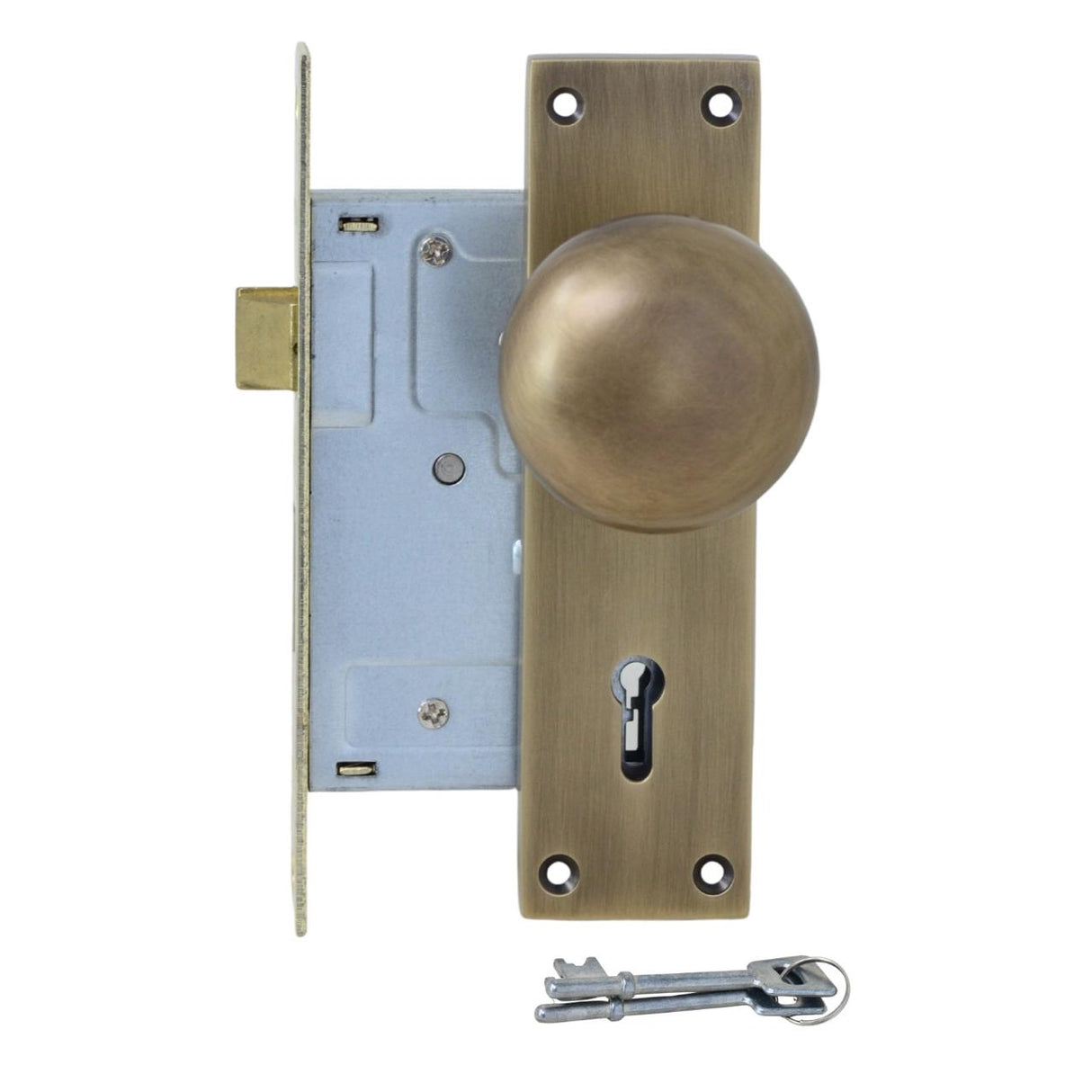 Antique Brass Door Knob on Plate with Two Lever Lock