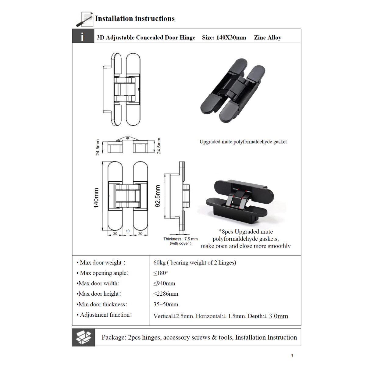 3D concealed door hinge 30x140mm (60kg/pair) Black