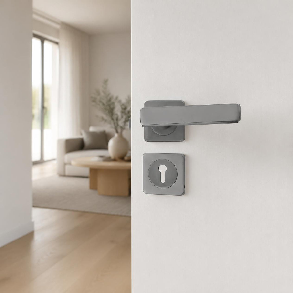 Lever handle on square rose