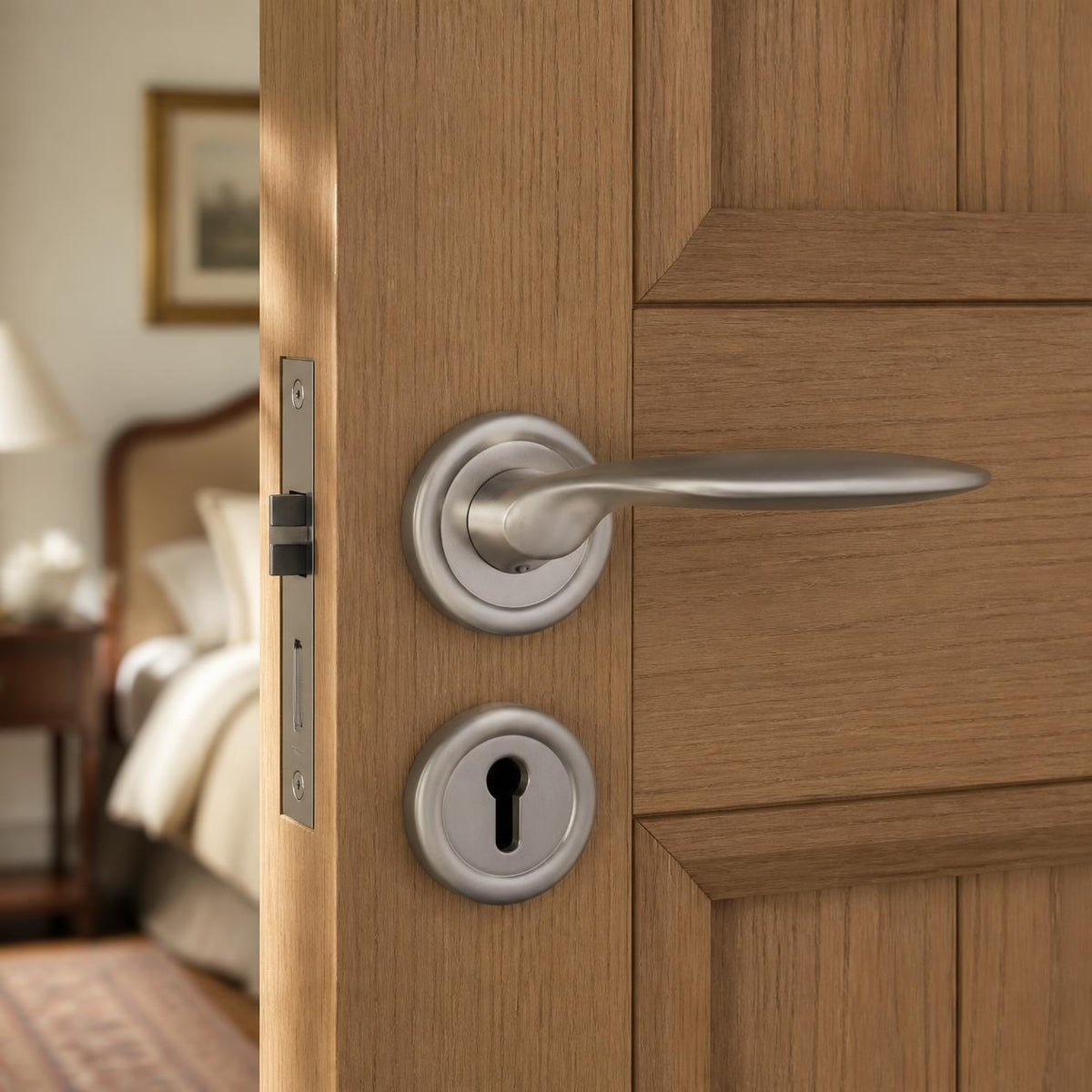 Classic Door Handle on Round Rose with Key Plates