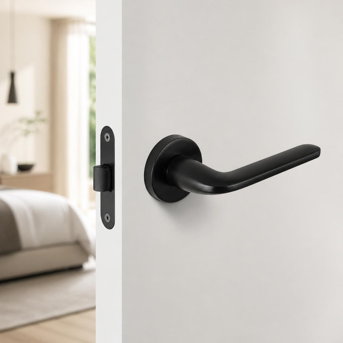 Italian Matt Black Lever Door Handle on round rose - "Roboquattro" series by Columbo Designs