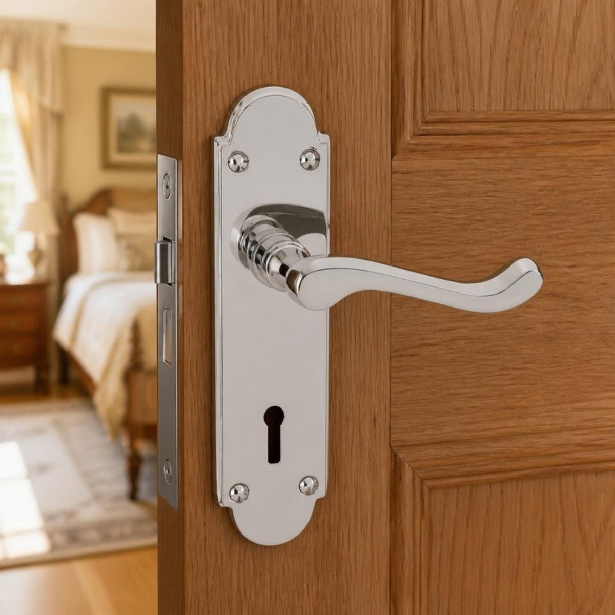 Shiny Chrome Victorian Lever Handle on Plate