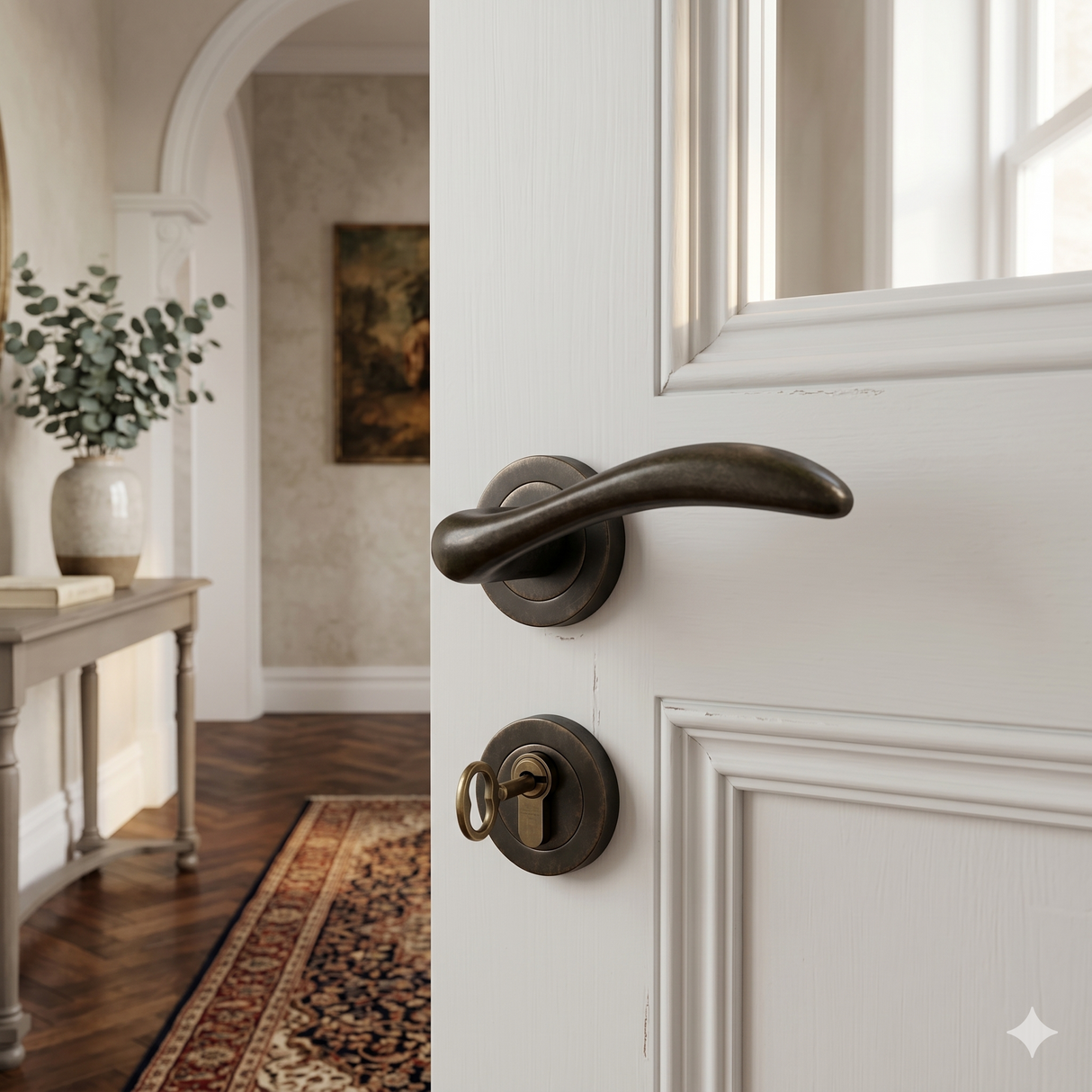 Classic curved door handle on rose