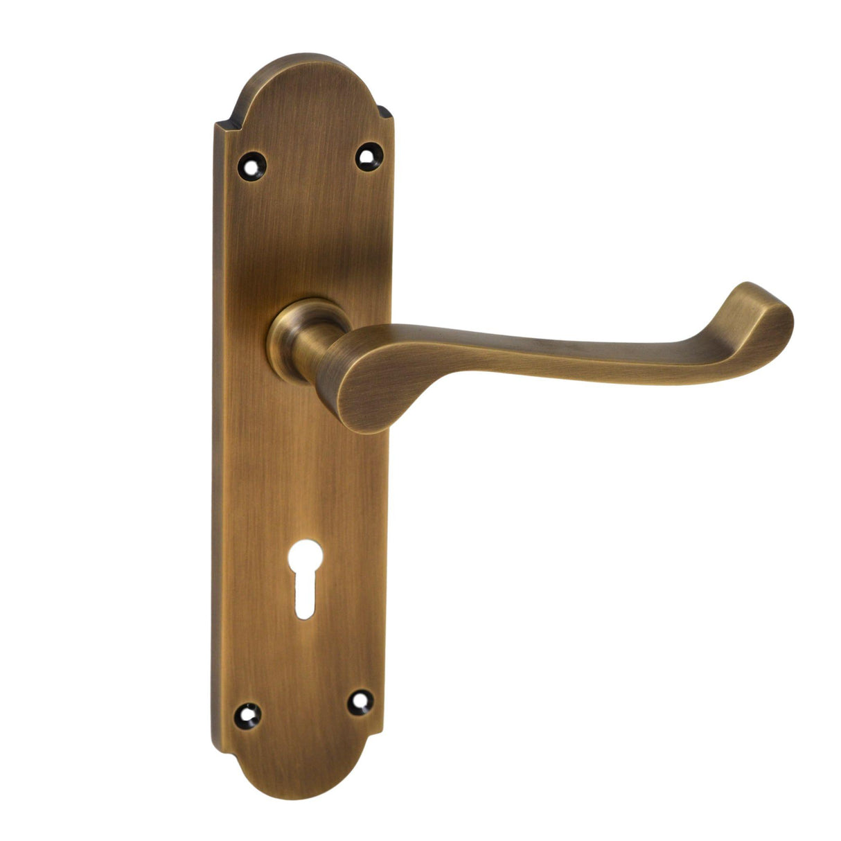 Classic Victorian Door Handle on Plate with SABS Approved Two Lever Lock - Antique Brass