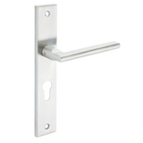 Modern Brushed Stainless Steel Lever Handle on Plate — Cylinder Keyhole
