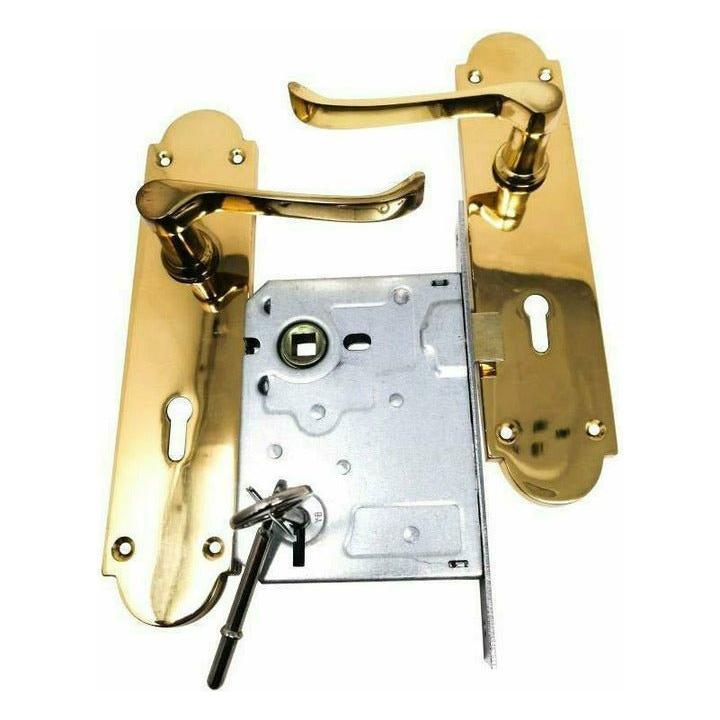 Solid brass door handle on back plate with matching polished brass 2 lever lock