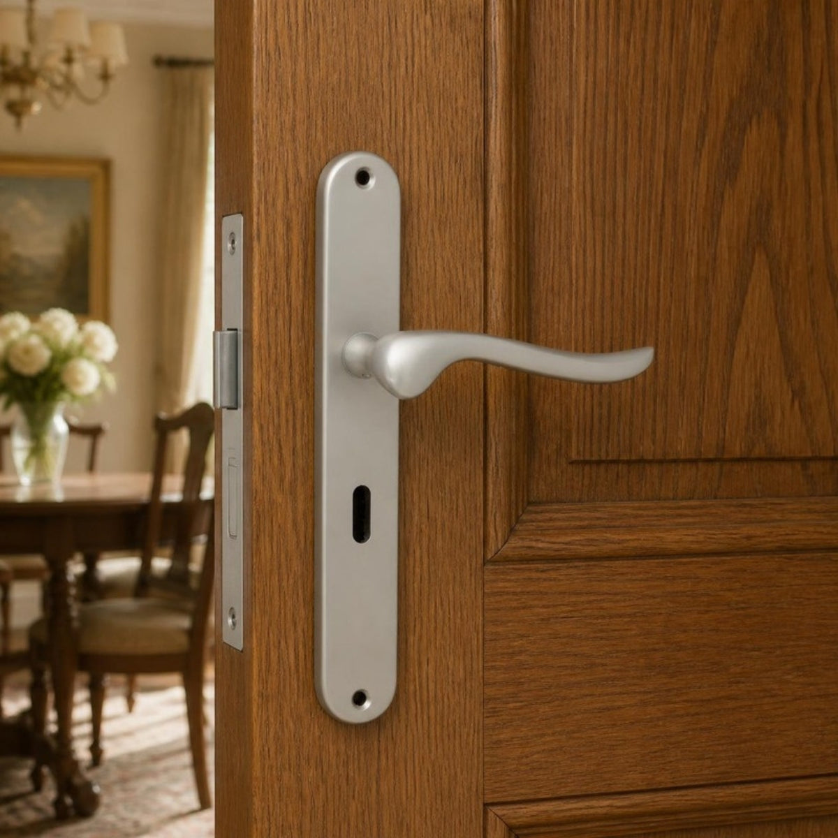 Matt Chrome Classic Door Handles on Back Plate with 2 Lever Lock