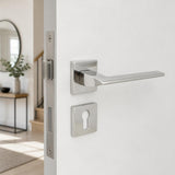 Slim square solid stainless steel lever handle on rose