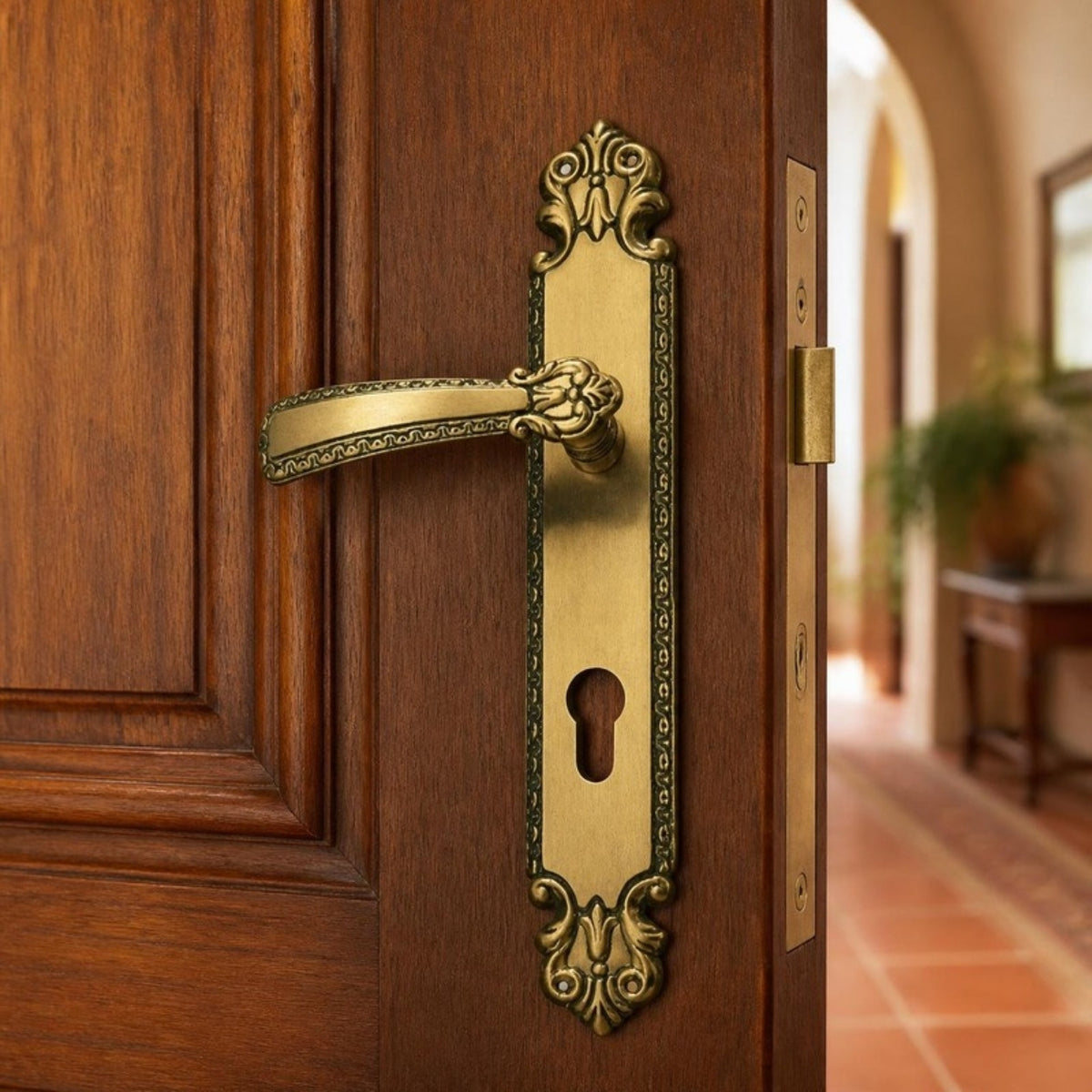 Antique spanish lever handle on plate