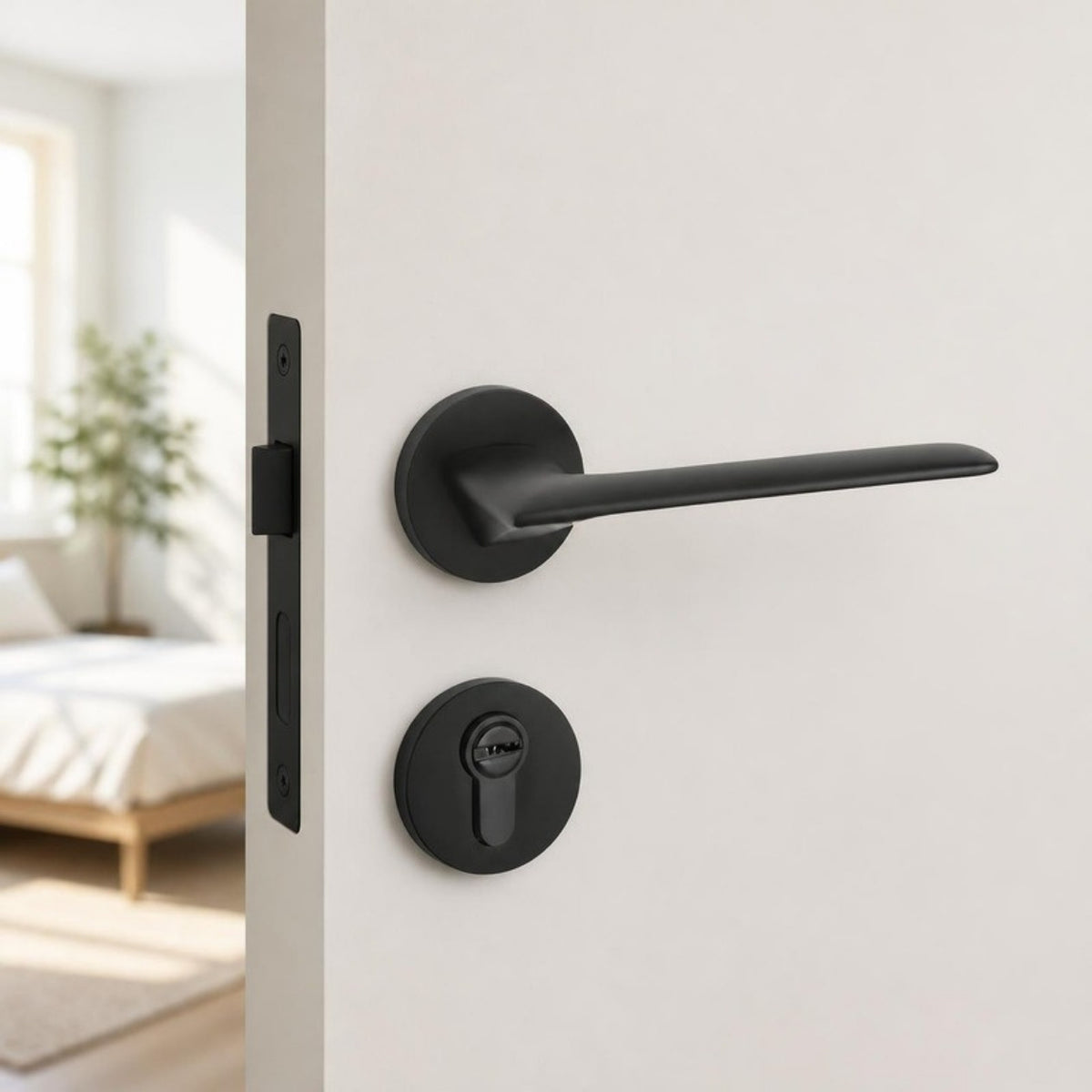 Modern Matt Black Slim Lever Handle on rose "DC" house brand